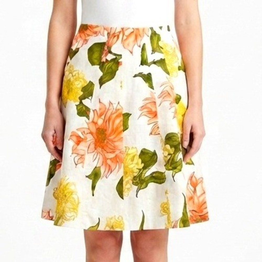 Premise Floral A-Line Skirt Women Size 14 Orange Yellow Vintage Linen Blend NWT
